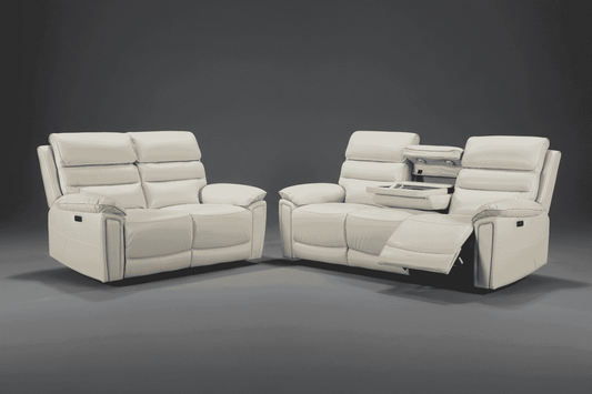 DFS Lawson Ivory Cream Leather Electric Reclining 3 Seater + 2 Seater Sofa Set With USB Charging Ports & Drop Down Tray Table