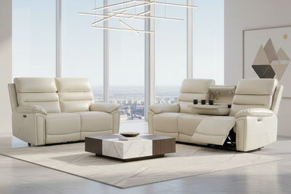 Donald Ivory Cream Leather Electric / Power Reclining 3 Seater + 2 Seater Sofa Set With USB Charging Ports & Drop Down Tray Table
