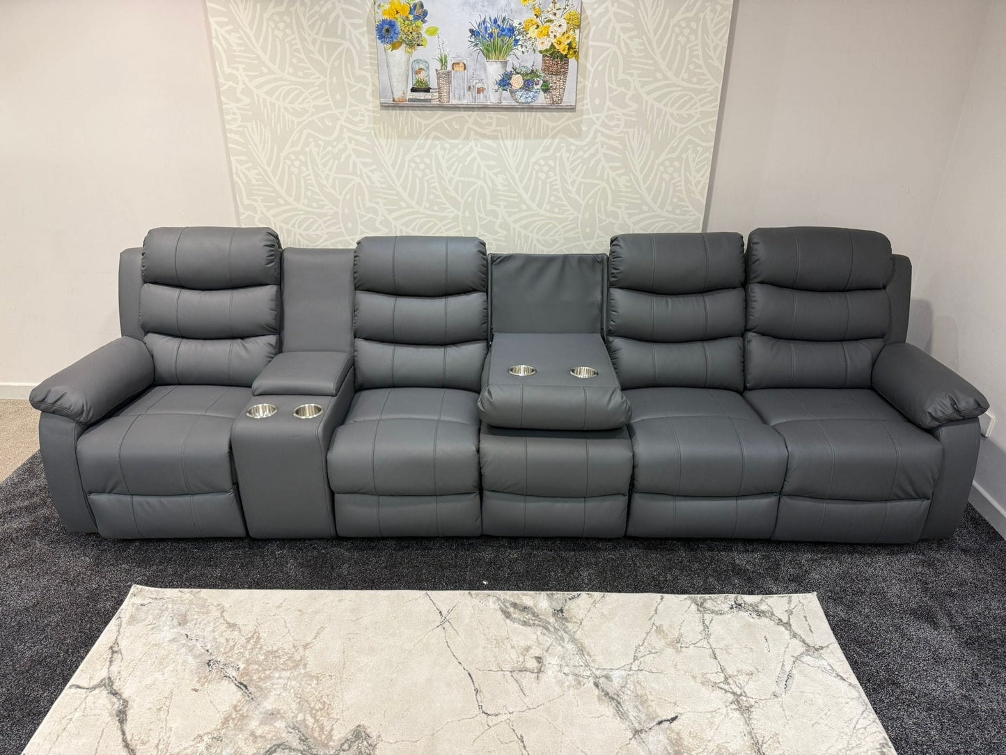 Lando Grey Leather 5 Seater Sofa With Drinks Console | Fold Down Tray Table, High Headrest & Seating Position Couch