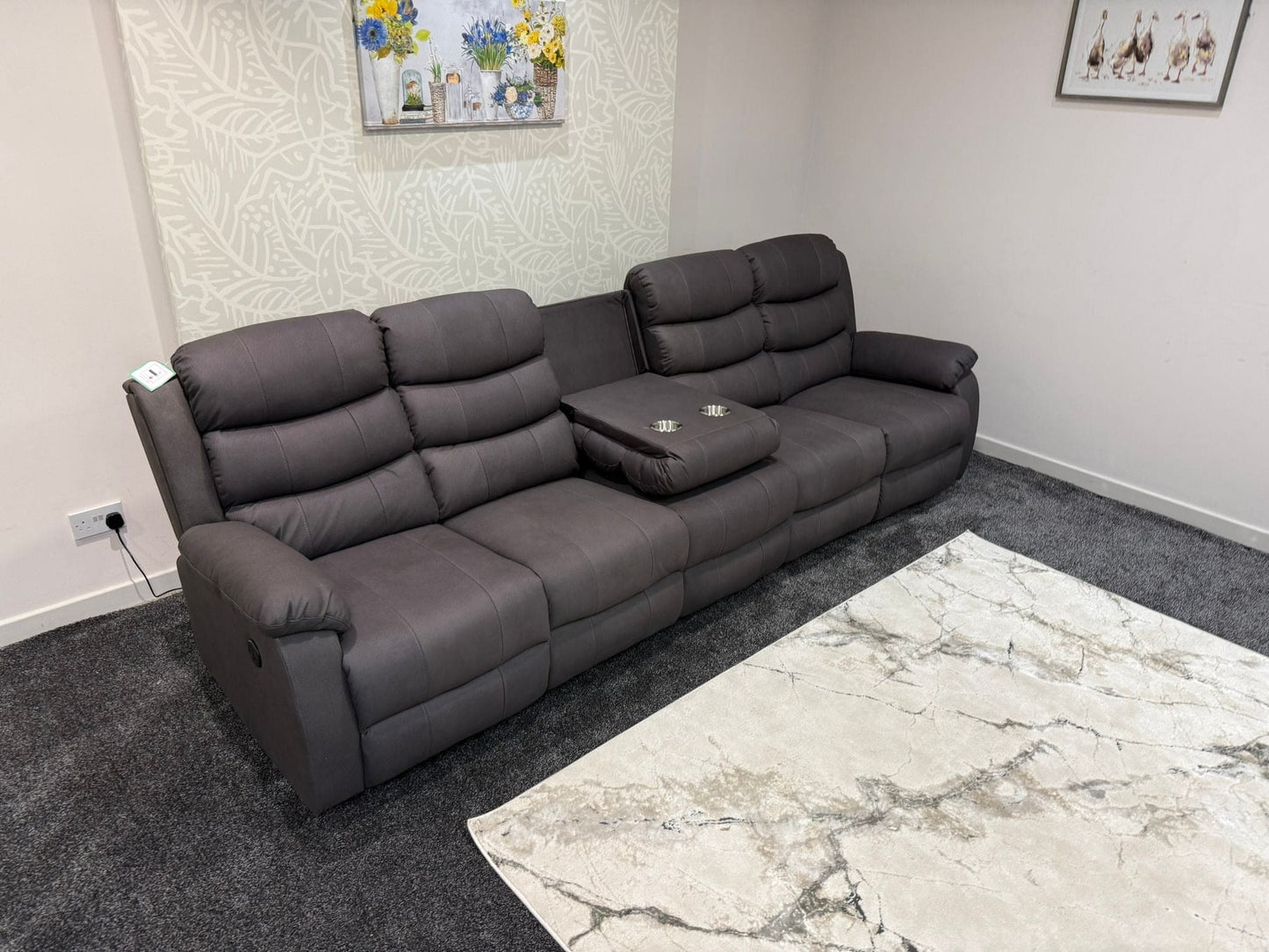 Willow Grey Easy Clean Fabric 5 Seater Sofa | 2 x Fold Down Tray Table, High Headrest & Seating Position Couch