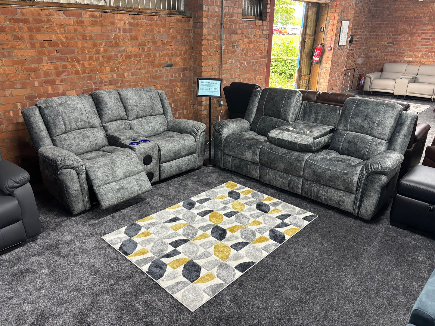"GALAXY" Tech Grey ELECTRIC Plush Velour Velvet 3 + 2 Seater With Drinks Console Reclining Sofa Set Plus USB Charging Ports and drinks coolers cup holders