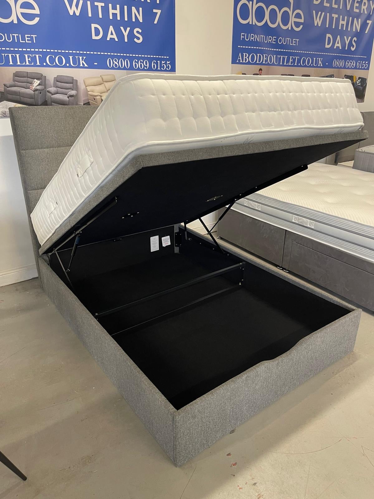 'Indulgence' Grey Fabric Ottoman Bed Frame & Firm Mattress Package - Available In 4'6ft Double or 5ft King