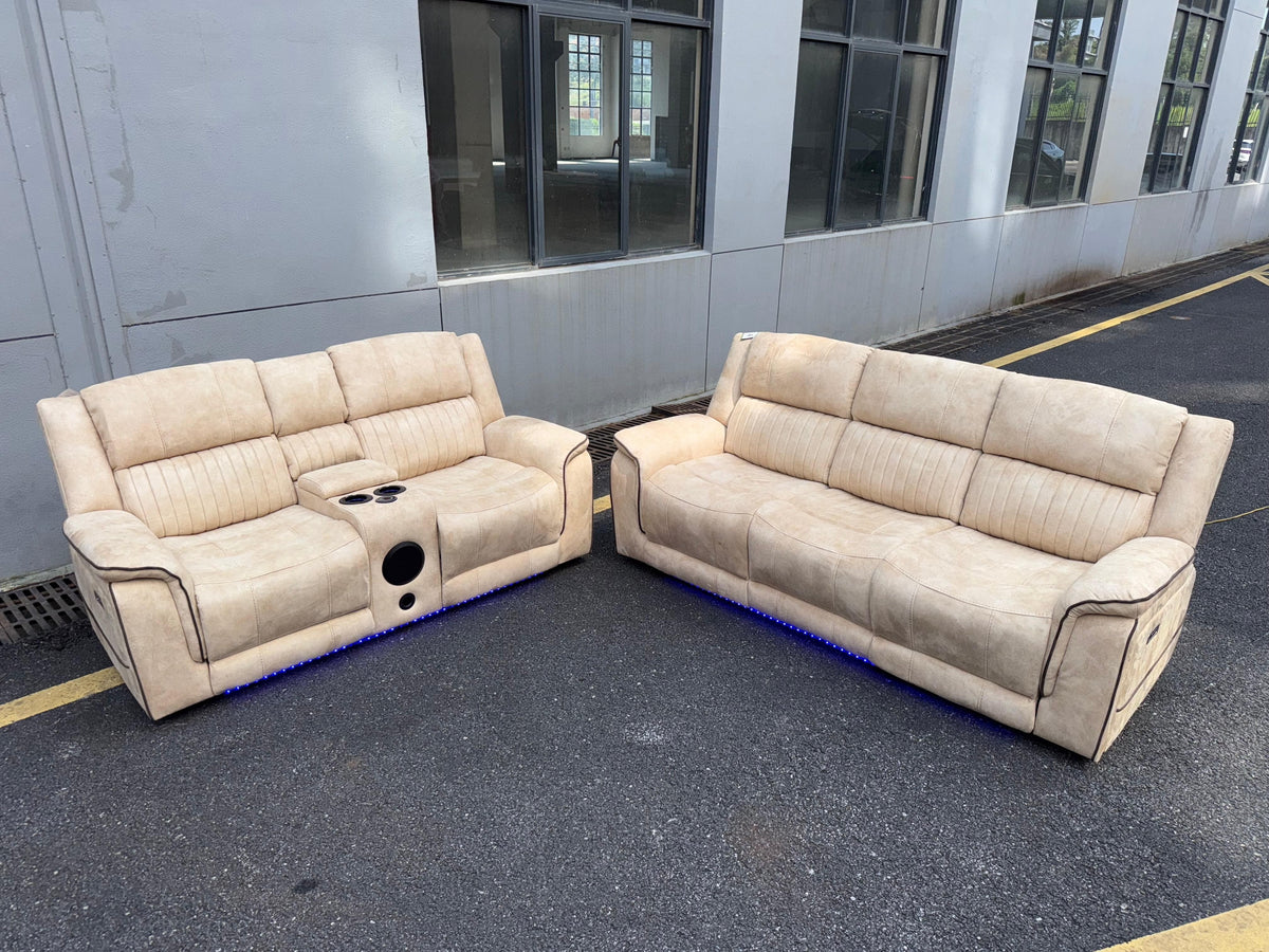 (Pre Order Promo Deal!) Geneva Beige Easy Clean Suede Fabric 3 Seater + 2 Seater With Tech Console + Armchair Set | Online Only