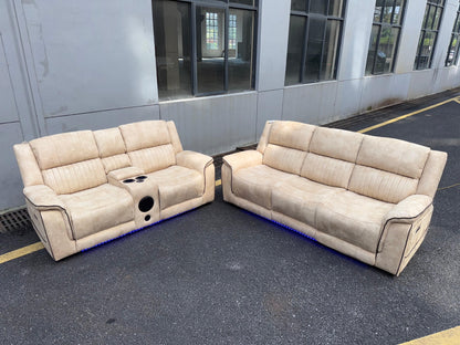 (Pre Order Promo Deal!) Geneva Beige Easy Clean Suede Fabric 3 Seater + 2 Seater With Tech Console + Armchair Set | Online Only