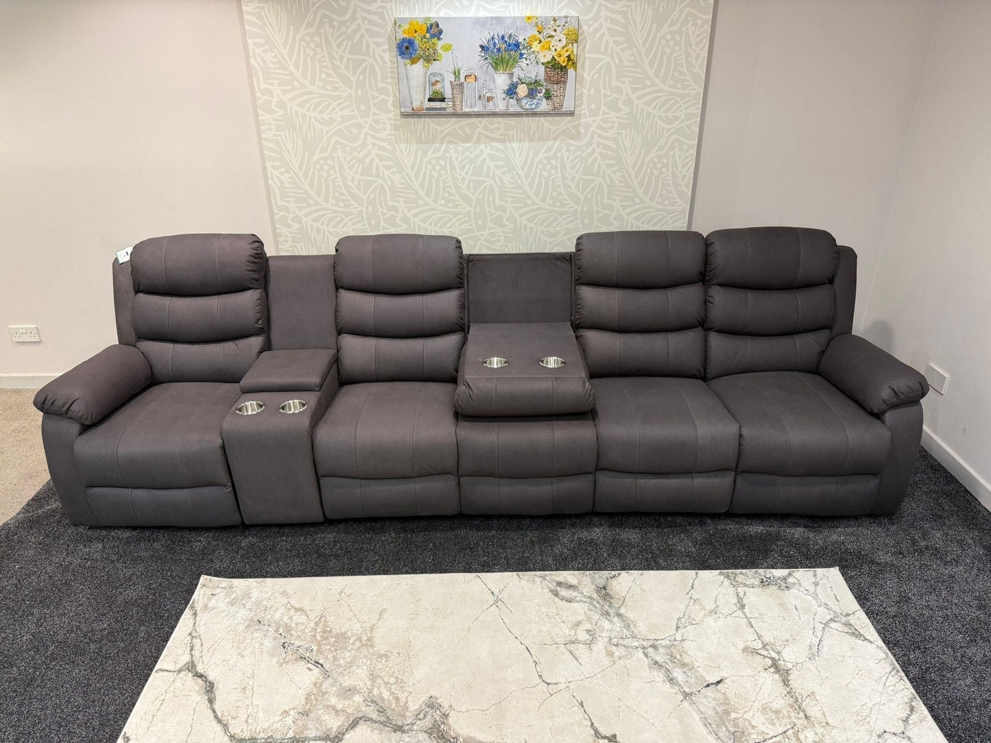 Willow Grey Easy Clean Fabric 5 Seater Sofa With Drinks Console | Fold Down Tray Table, High Headrest & Seating Position Couch