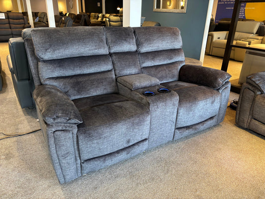 The “ Donald " Electric / Power Reclining Charcoal Grey Fabric 2 Seater Tech Sofa - USB Charging & Drinks Coolers Plus High Seating & Backrest Position | Couch |