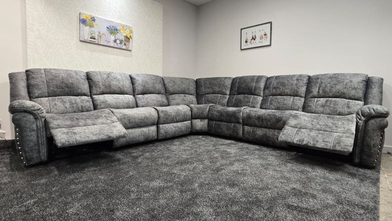 GALAXY Grey Plush Velvet Fabric Electric Reclining 3C3 Corner Sofa & USB Ports