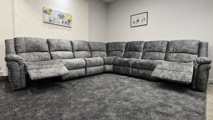 GALAXY Grey Plush Velvet Fabric Electric Reclining 3C3 Corner Sofa & USB Ports