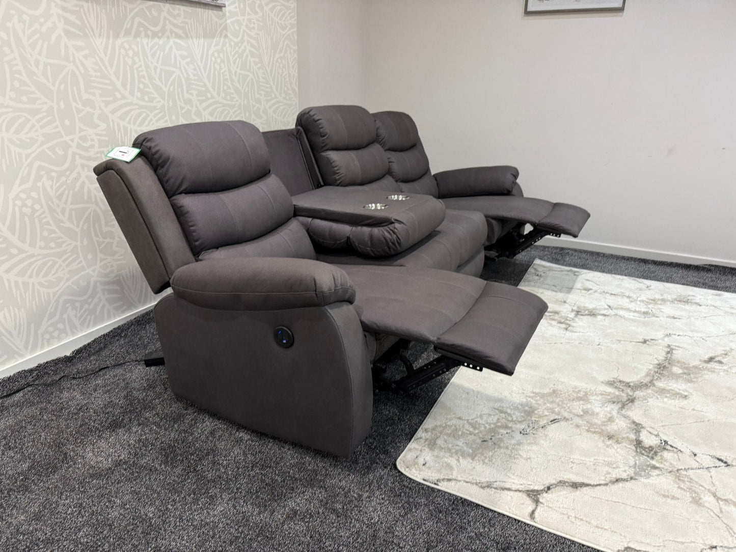 Willow Grey Easy Clean Fabric 4 Seater Sofa | Fold Down Tray Table, High Headrest & Seating Position Couch