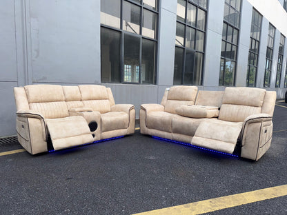 (Pre Order Promo Deal!) Geneva Beige Easy Clean Suede Fabric 3 Seater + 2 Seater With Tech Console + Armchair Set | Online Only
