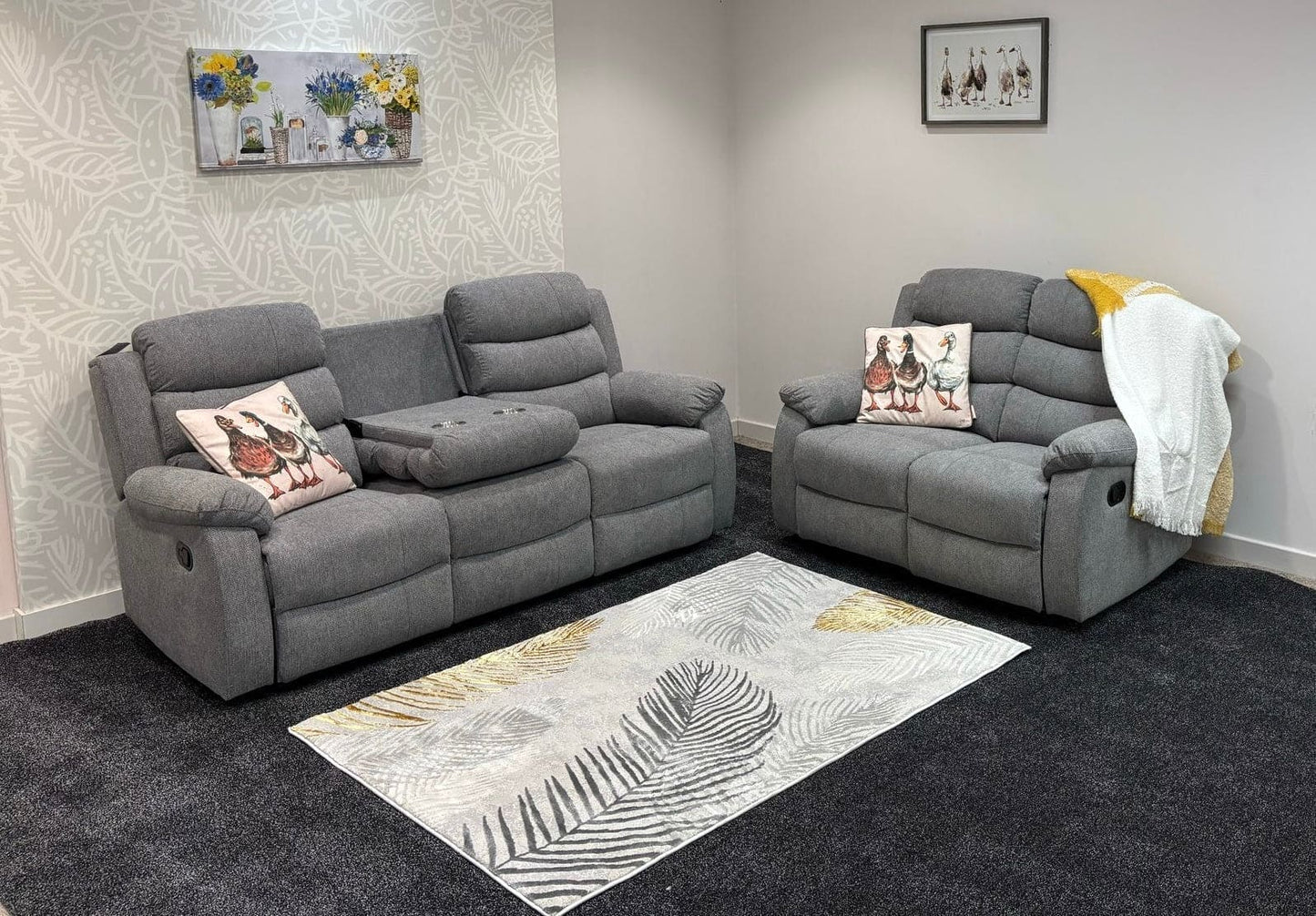"Lewson" Electric / Power Reclining Grey Fleck Fabric Sofa Set - USB Charging & Drinks Tray Table | Couch |