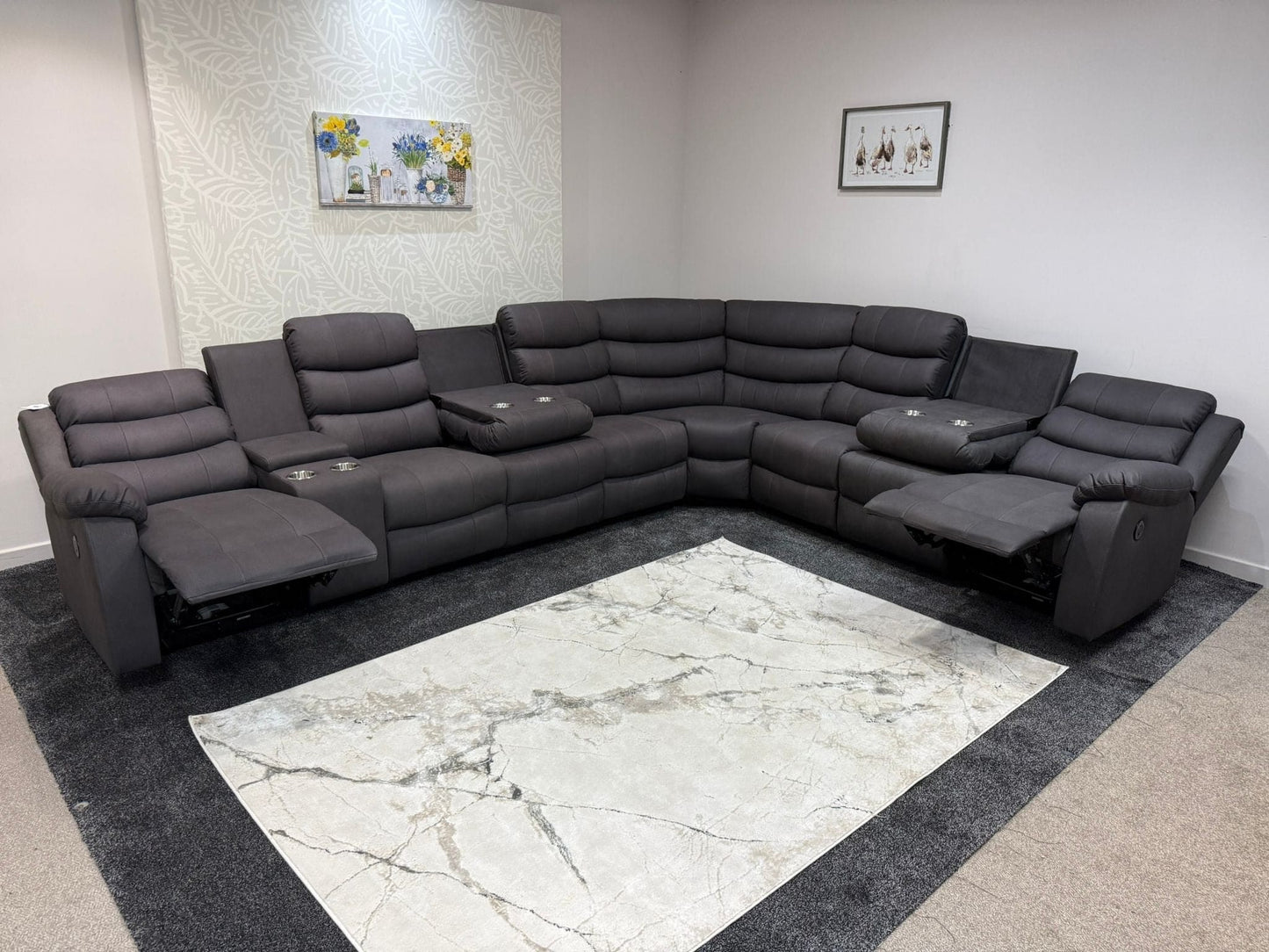 "Willow" Dark Grey Fabric 4C3C Recliner Corner Sofa | Drinks Tray Table | Easy Clean Fabric | Modular