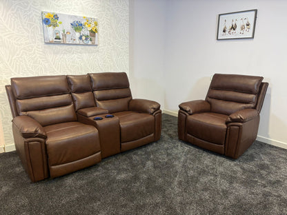Donald Brown Leather Electric / Power Reclining Sofa Range Suite Set With USB Charging Ports & Drop Down Tray Table