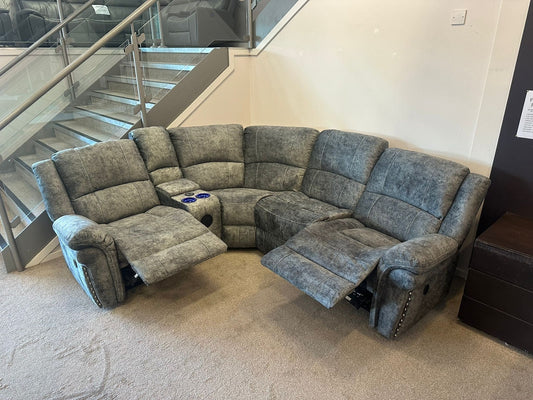 Galaxy Tech Grey Plush Velour Velvet Fabric Electric Reclining Reversible Modular Corner Sofa | USB Ports | Tech Drinks Console | Couch |