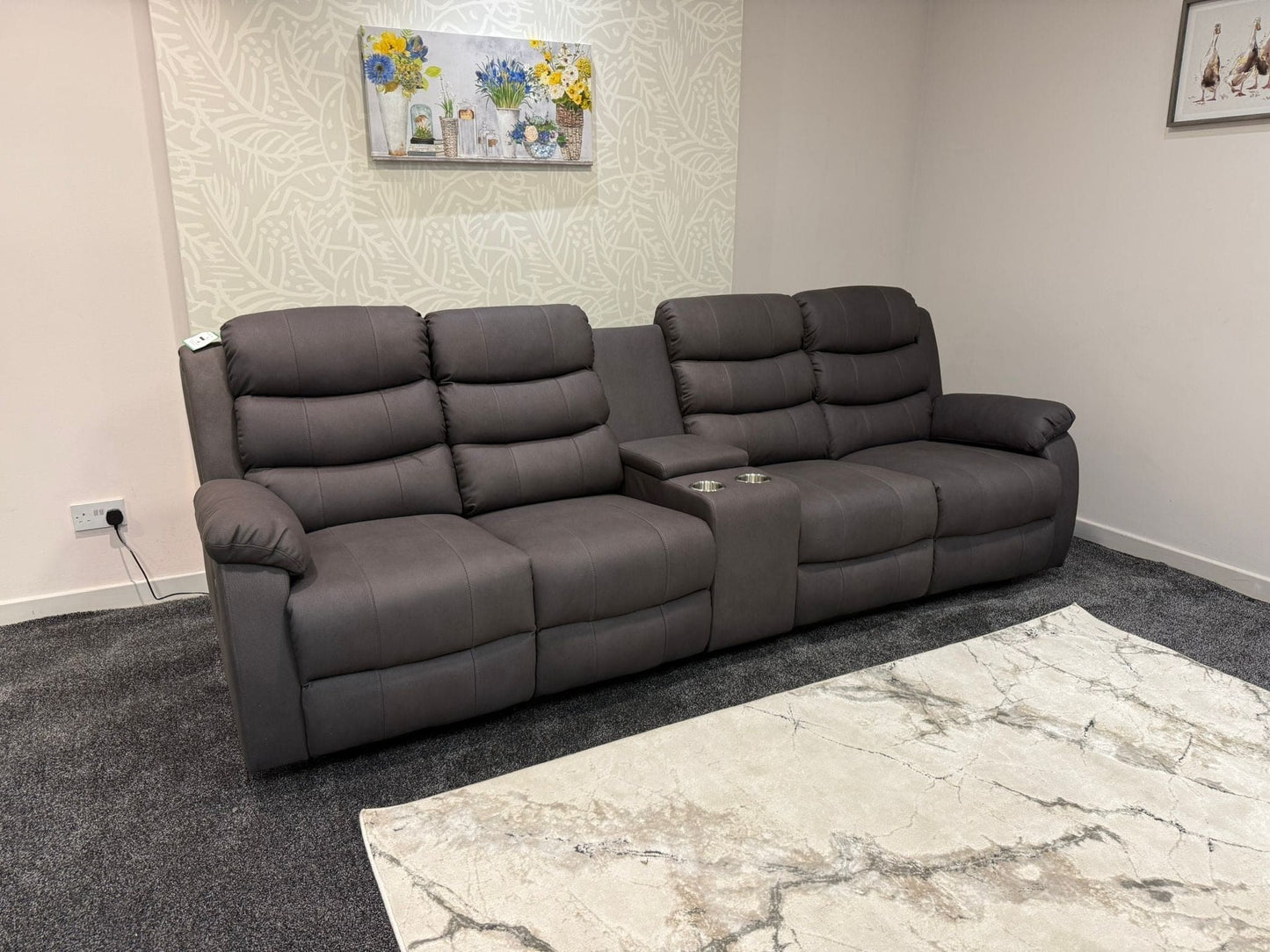 Willow Grey Easy Clean Fabric 4 Seater Sofa With Drinks Console - High Headrest & Seating Position Couch