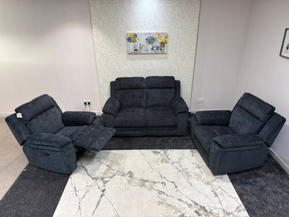 "Barre" Electric / Power Reclining Grey Fabric 2 Seater Sofa + 2 Armchairs Sofa Set - USB Charging Ports