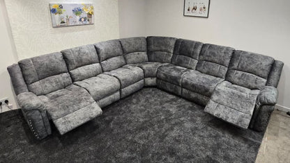 GALAXY Grey Plush Velvet Fabric Electric Reclining 3C3 Corner Sofa & USB Ports