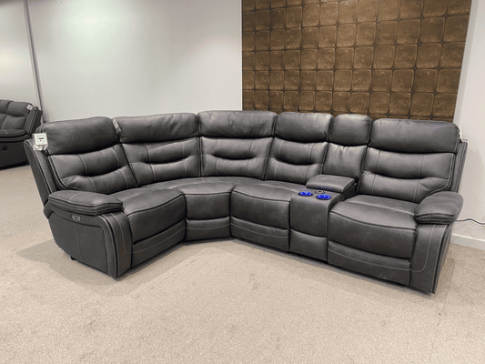 Cinema LHF Corner Sofa | Power Headrests | Drinks Coolers | Wireless Charging | Bluetooth Speakers | Express Smart Tech Grey Fabric Power Recliner Corner Sofa