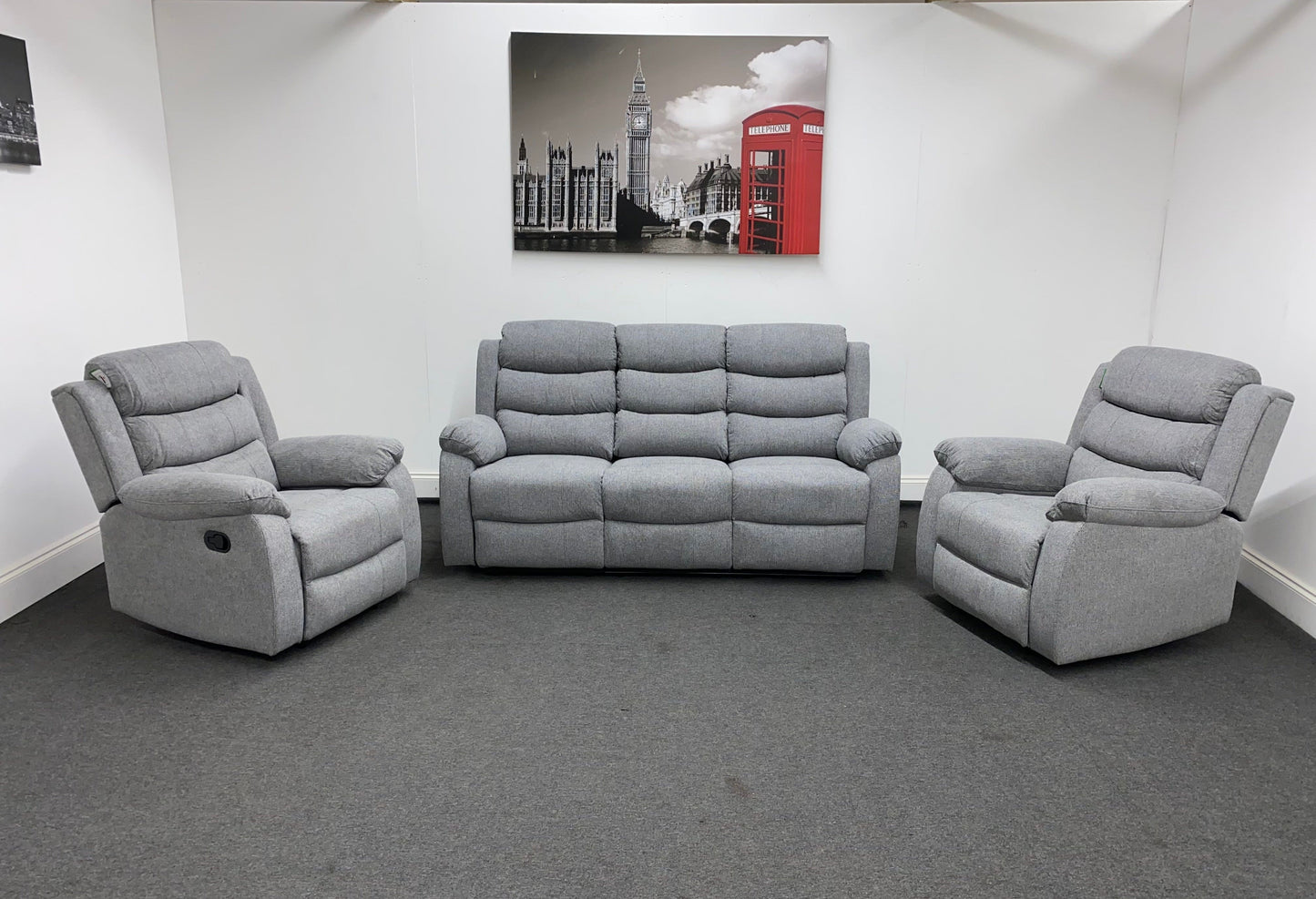 ‘Lewson’ Grey Fleck Fabric Recliner 3 + 1 + 1 Seater with Drinks Tray Table | Couch |
