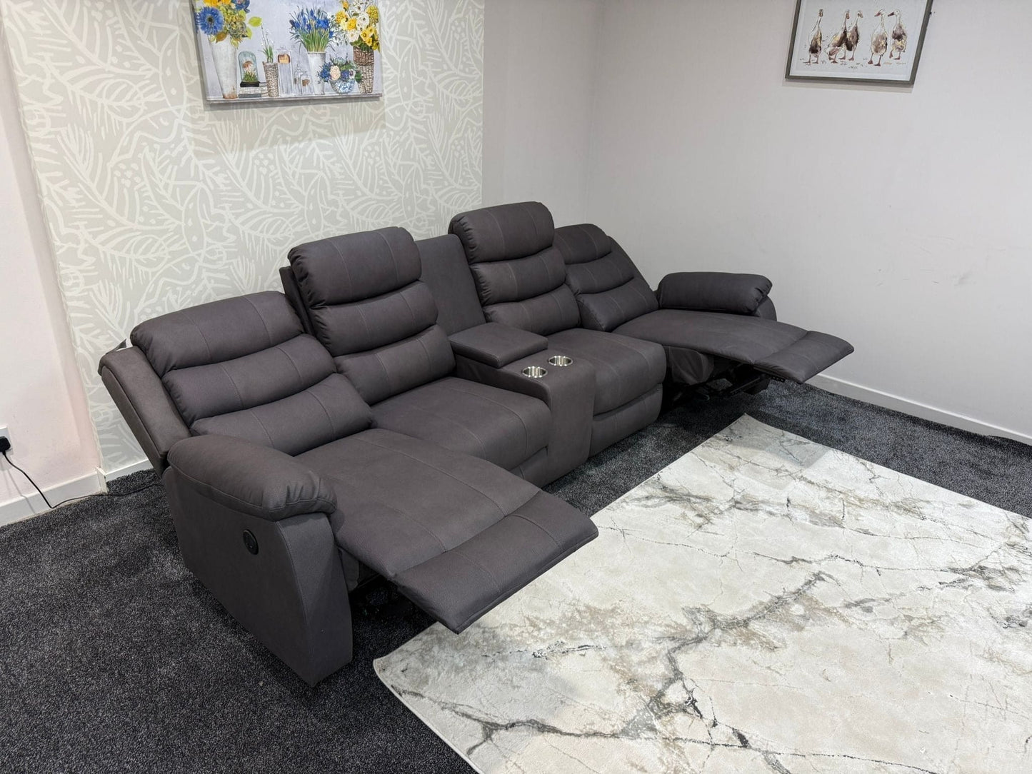 Willow Grey Easy Clean Fabric 4 Seater Sofa With Drinks Console - High Headrest & Seating Position Couch