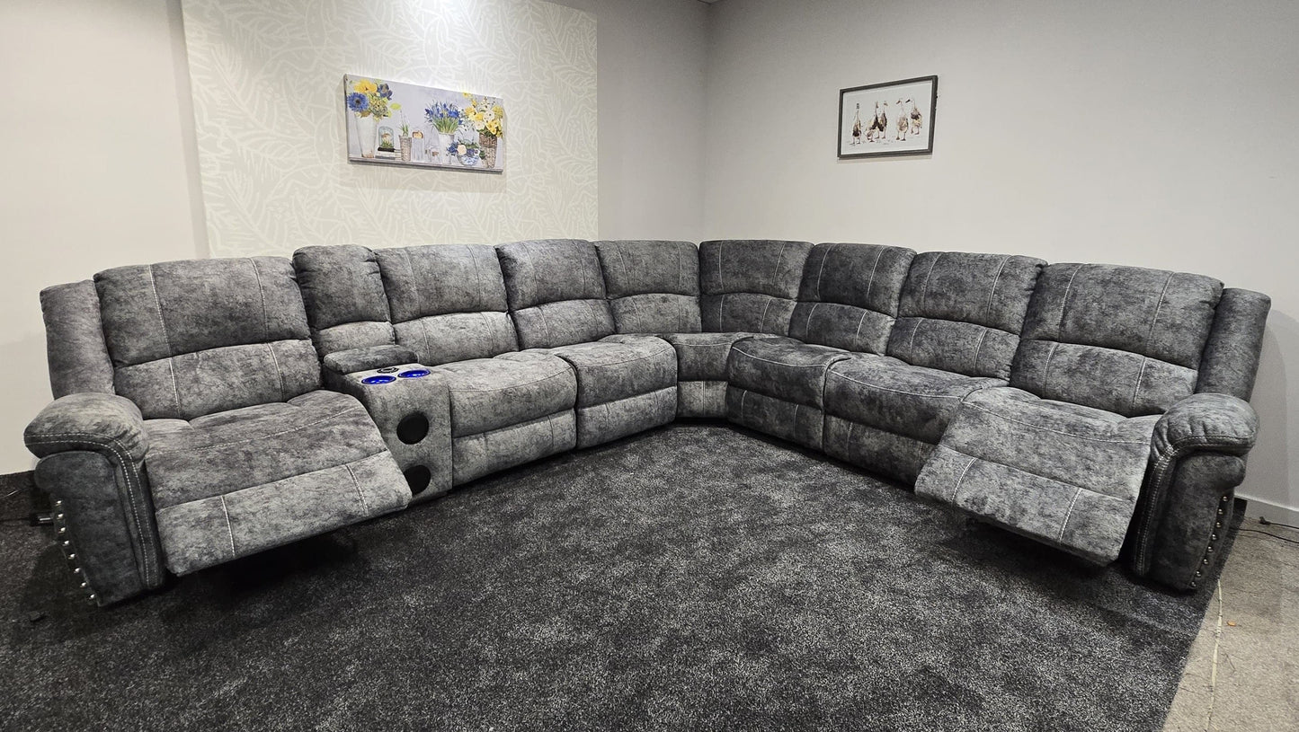 GALAXY Grey Plush Velvet Fabric Electric Reclining 3C3C Corner Sofa | Cooling Cupholders & USB Ports