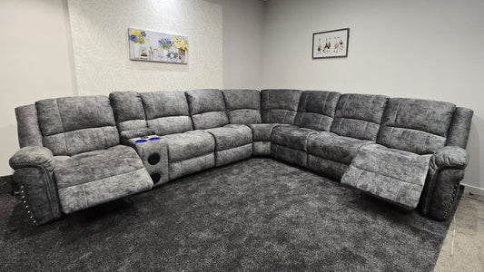 GALAXY Grey Plush Velvet Fabric Electric Reclining 3C3C Corner Sofa | Cooling Cupholders & USB Ports