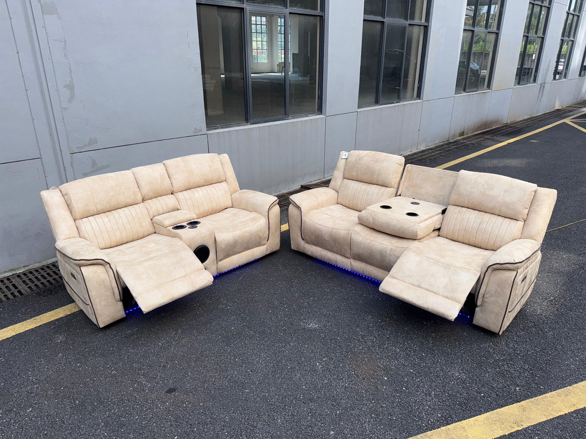 (Pre Order Promo Deal!) Geneva Beige Easy Clean Suede Fabric 3 Seater + 2 Seater With Tech Console + Armchair Set | Online Only