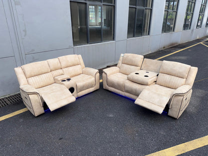 (Pre Order Promo Deal!) Geneva Beige Easy Clean Suede Fabric 3 Seater + 2 Seater With Tech Console + Armchair Set | Online Only