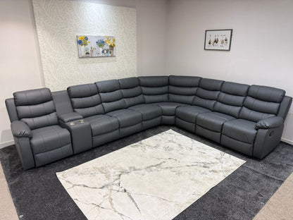 "Lando" Grey Leather 4C3C Recliner Corner Sofa Reversible | 2 x Drinks Tray Table | Modular