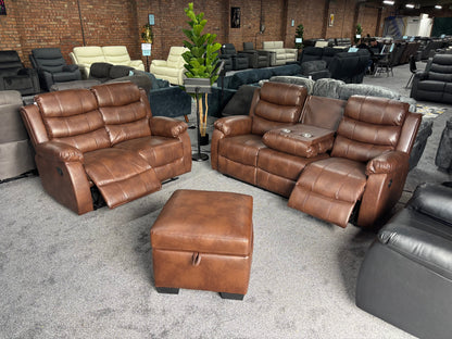 Lando Brown Leather 3 Seater + 2 Seater + Storage Footstool Reclining Sofa Set | Drinks Tray Table | High Backrests | 2 Stage Reclining | Couch |