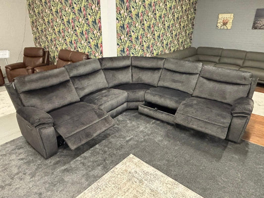 "Trek" 2c2 Grey Plush Fabric Power Recliner Corner Sofa With USB Charging Ports, Hidden Storage + Many More Modern Features