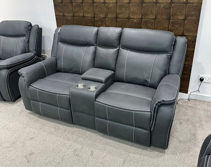 " Mason " Grey Microfibre Fabric 2 Seater With Drinks Console Electric / Power Recliner Sofa Suite + USB Ports