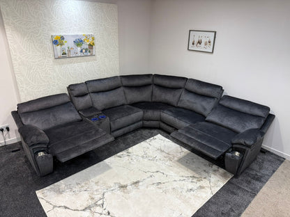 "Xavier" 2c2c Grey Plush Fabric Power Recliner Corner Sofa With USB Charging Ports & Cinema Drinks Console