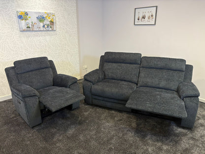 "Barretta" Electric / Power Reclining Grey Fabric Sofa Set - USB Charging & Drinks Tray Table