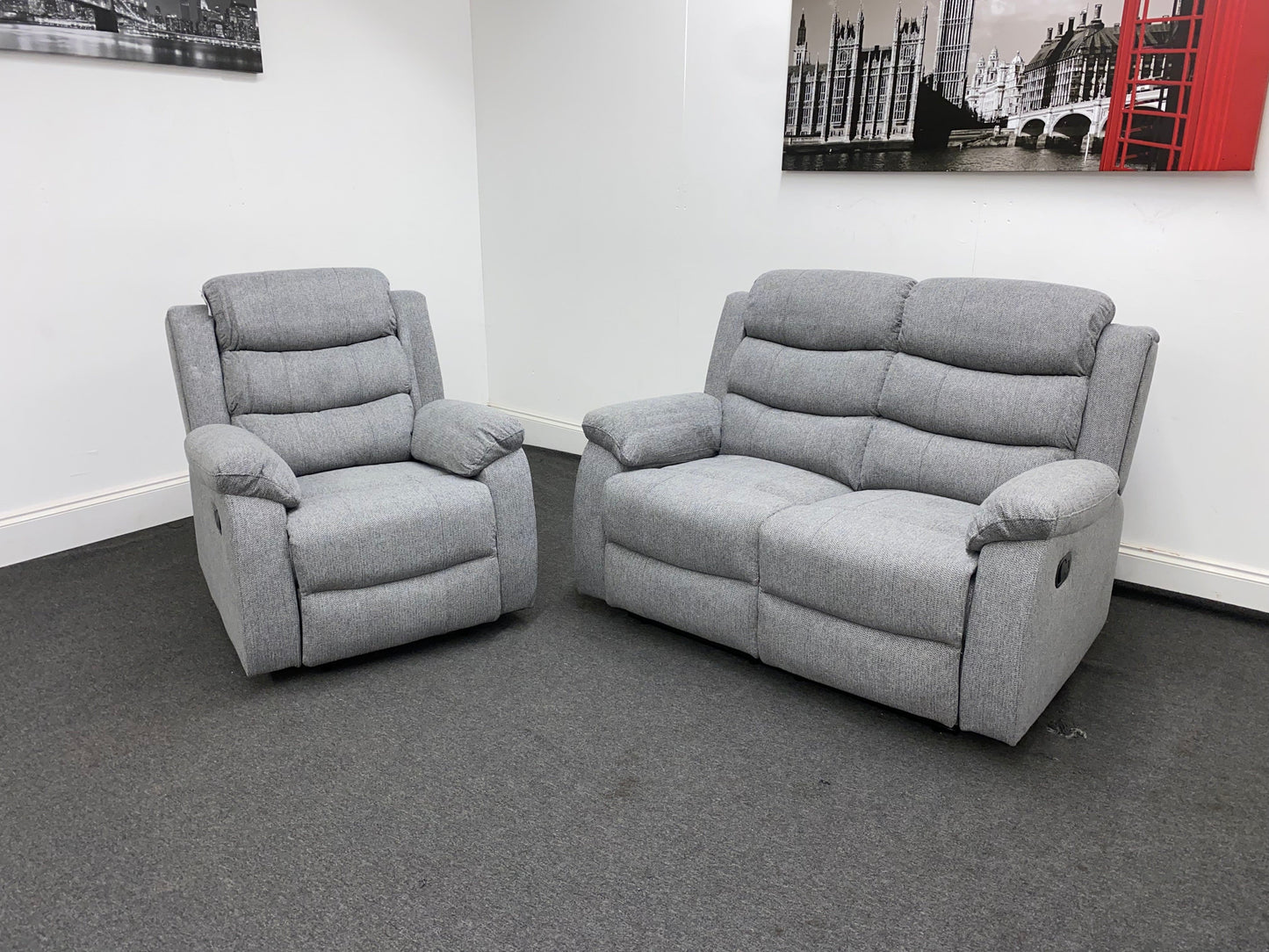 ‘Lewson’ Grey Fleck Fabric Recliner 2 + 1 + 1 Seater Sofa & Armchair Suite Set | Couch |