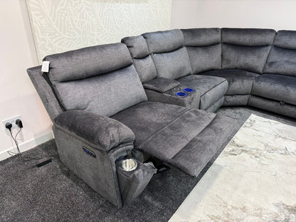 "Xavier" Grey Plush Fabric Power Recliner Corner Sofa With USB Charging Ports, Drinks Cooling Cup Holders Plus Many More Modern Features