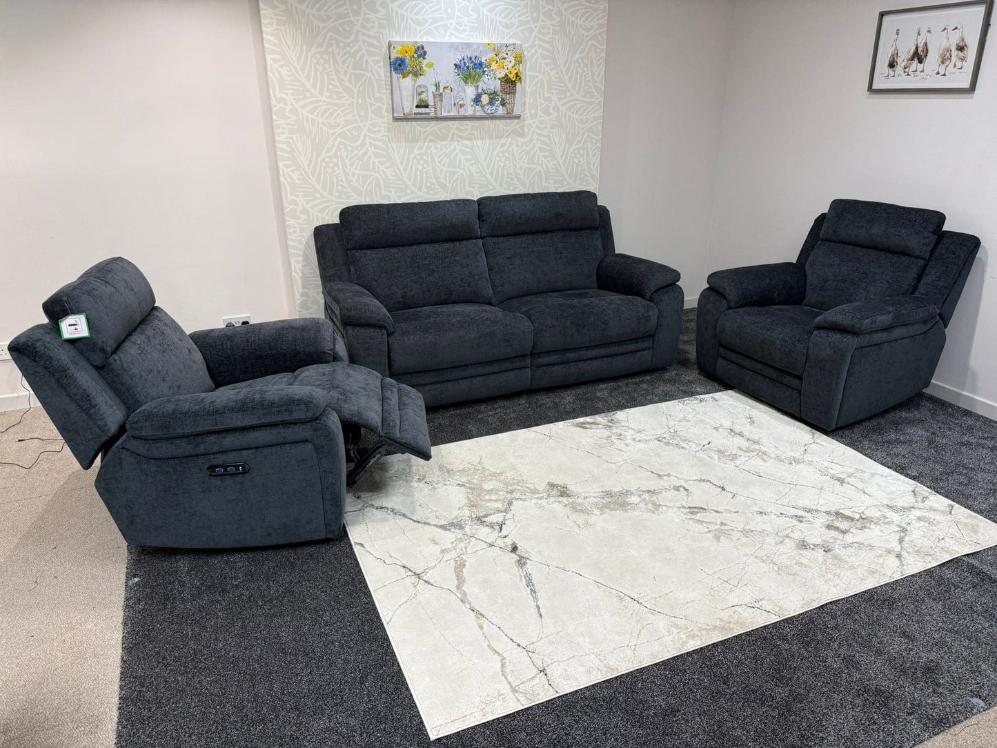 "Barre" Electric / Power Reclining Grey Fabric 3 + 2 Armhairs Sofa Set - USB Charging Ports