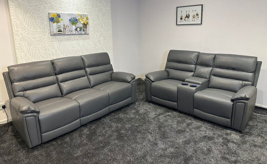 Donald Grey Leather Electric / Power Reclining 3 Seater + 2 Seater Sofa Suite Set With Drinks Coolers USB Charging Ports & Drop Down Tray Table