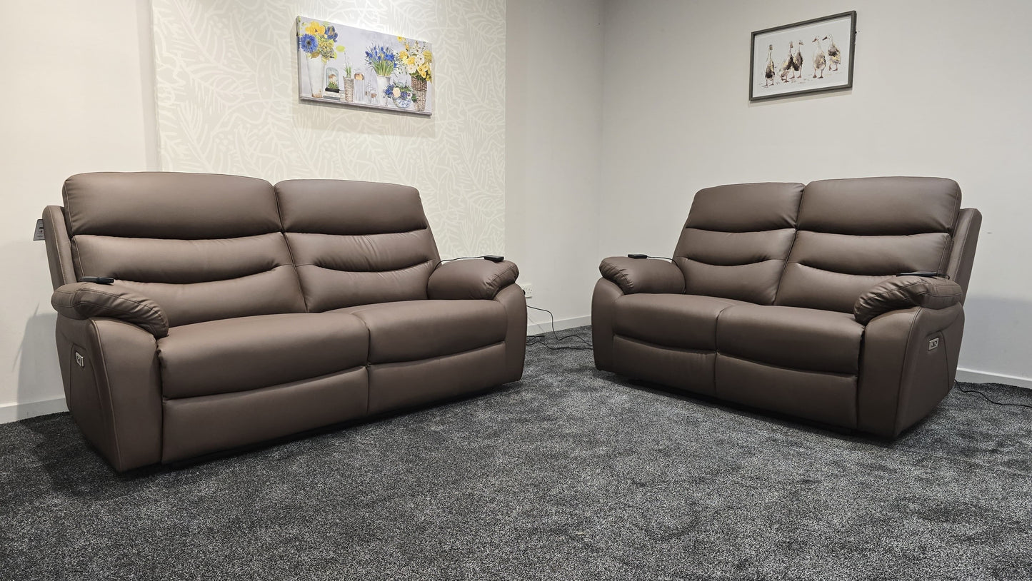 "Bertie" Brown Leather Electric Reclining Massage Sofa Range With Power Headrests & USB Charging Ports For Ultimate Comfort