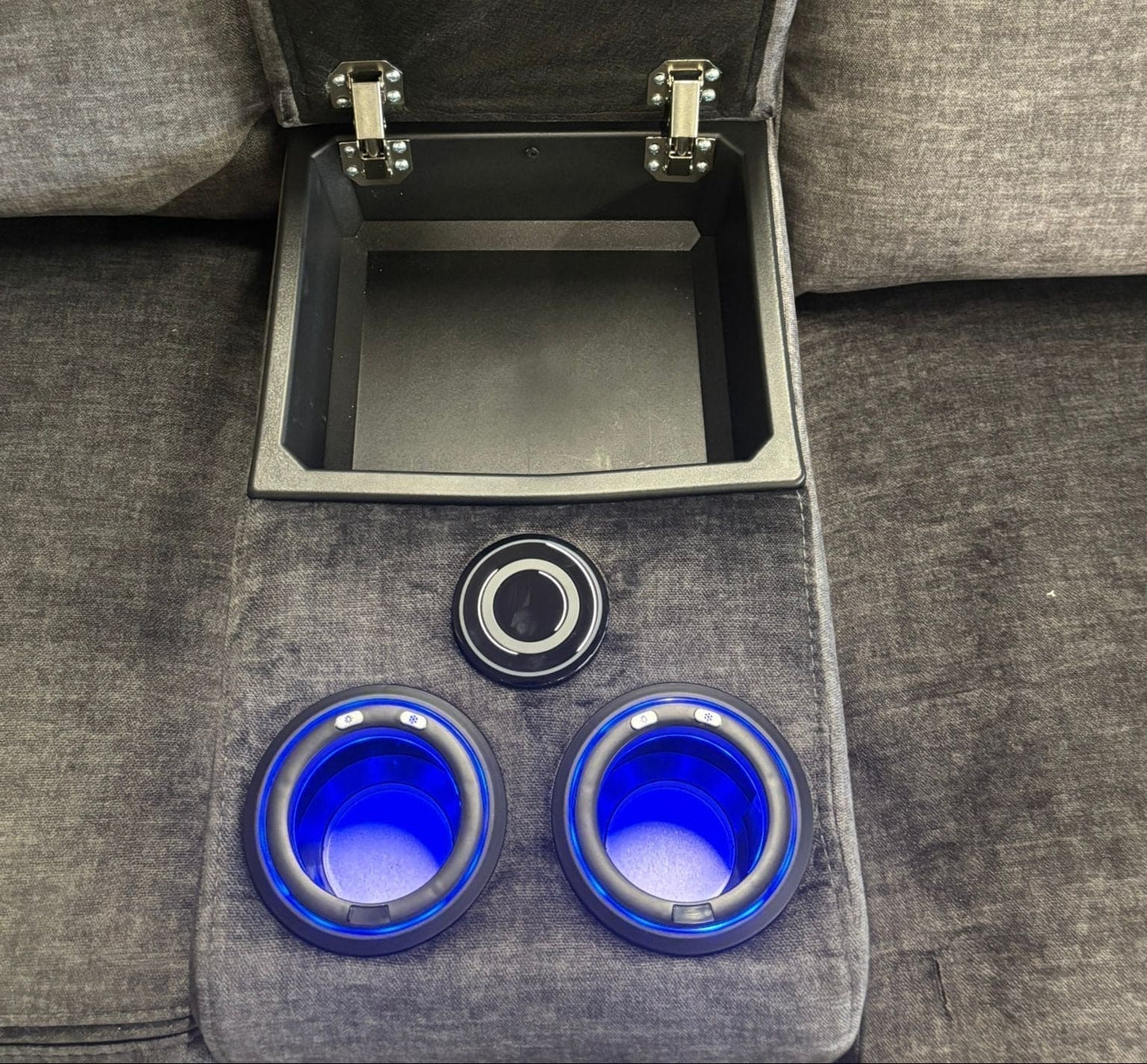 "Trek" 2c2c Grey Plush Fabric Power Recliner Corner Sofa With USB Charging Ports & Cinema Drinks Console