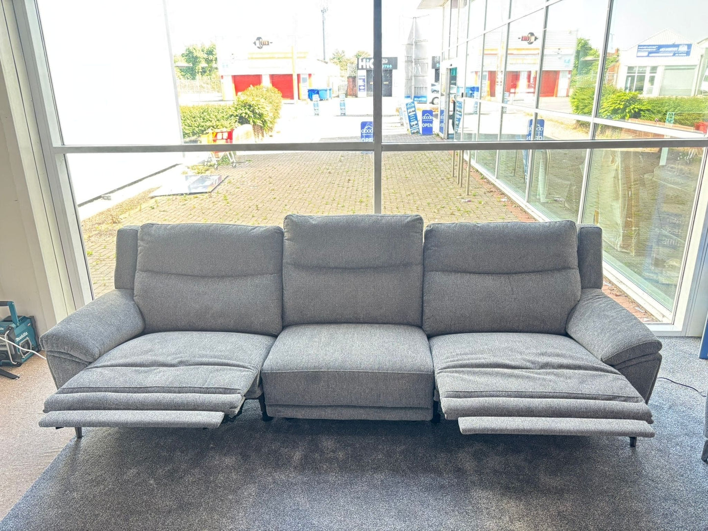 DFS STOWEN - Charcoal Grey Fabric Electric Reclining 5 Seater + Armchair Sofa Suite Set | USB Ports | Space Saving Recliner