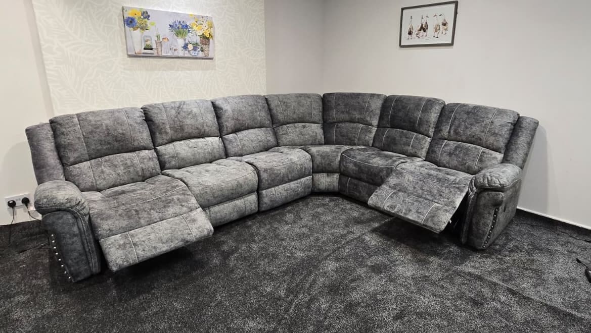 GALAXY Grey Plush Velvet Fabric Electric Reclining 3C2 Corner Sofa & USB Ports
