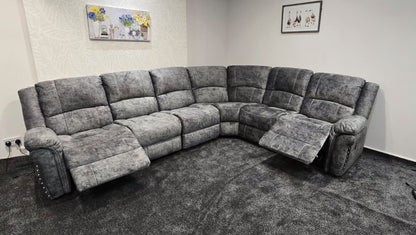 GALAXY Grey Plush Velvet Fabric Electric Reclining 3C2 Corner Sofa & USB Ports