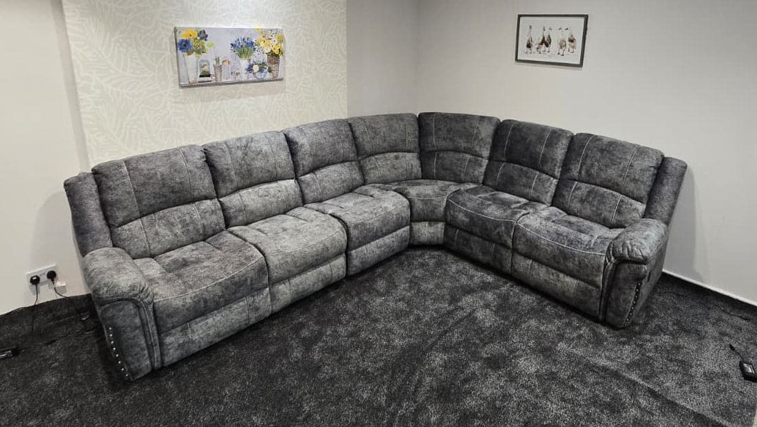 GALAXY Grey Plush Velvet Fabric Electric Reclining 3C2 Corner Sofa & USB Ports