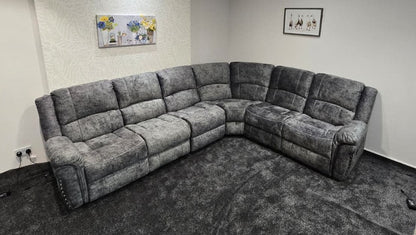 GALAXY Grey Plush Velvet Fabric Electric Reclining 3C2 Corner Sofa & USB Ports