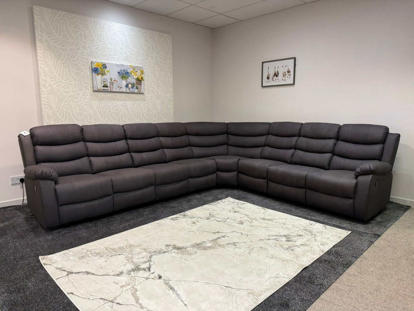 "Willow" Dark Grey Fabric 4C3 Recliner Corner Sofa | 2 x Drinks Tray Tables | Easy Clean Fabric | Modular
