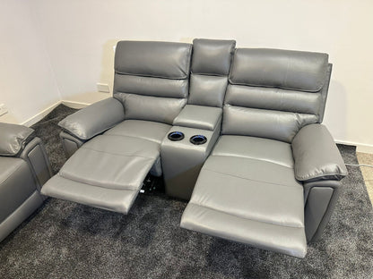 Donald Grey Leather Electric / Power Reclining 3 Seater + 2 Seater Sofa Suite Set With Drinks Coolers USB Charging Ports & Drop Down Tray Table