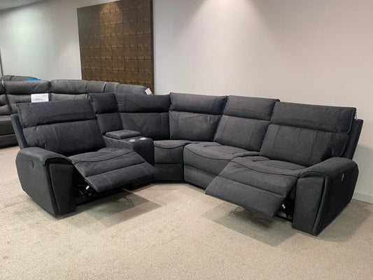 Ronan Velvet 5 seater Modular, Velvet Fabric Power Recliner Corner Sofa + Drinks Console & USB Ports | Reversible