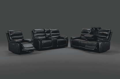 THIS WHOLE SET! DFS Lawson Black Leather Electric Reclining 3 Seater + 2 Seater With Drinks Console + Armchair Sofa Set Suite With USB Charging Ports & Drop Down Tray Table