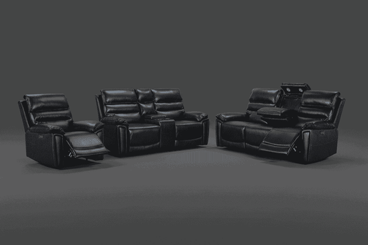 THIS WHOLE SET! DFS Lawson Black Leather Electric Reclining 3 Seater + 2 Seater With Drinks Console + Armchair Sofa Set Suite With USB Charging Ports & Drop Down Tray Table
